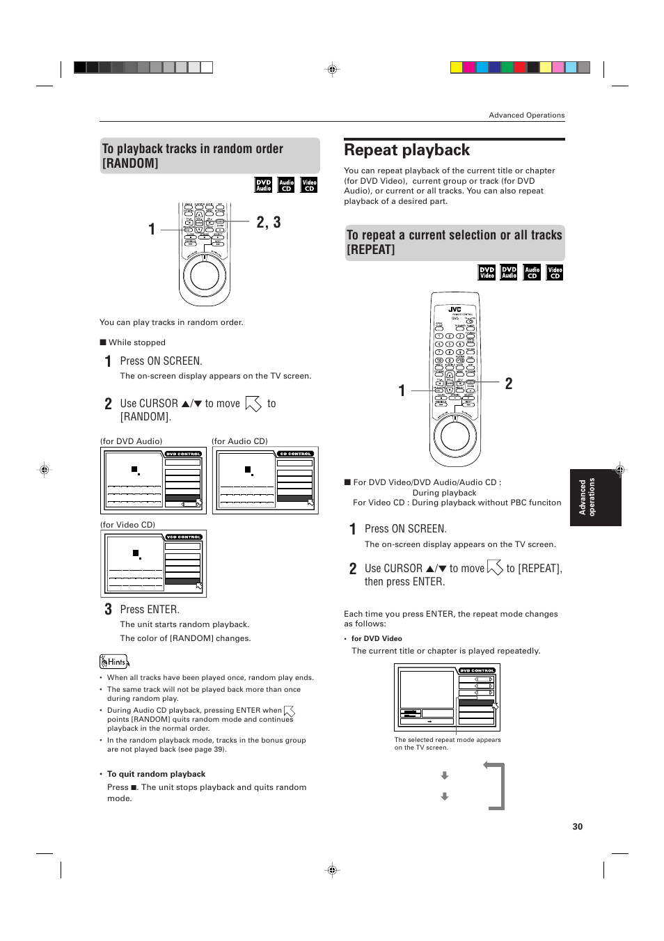 Repeat playback, Press on screen, Use cursor 5/∞ to move to [random | Press enter, For audio cd) (for video cd) (for dvd audio), The on-screen display appears on the tv screen, The current title or chapter is played repeatedly, Title repeat chapter repeat no indication (off), You can play tracks in random order, While stopped | JVC XV-D721BK User Manual | Page 33 / 60