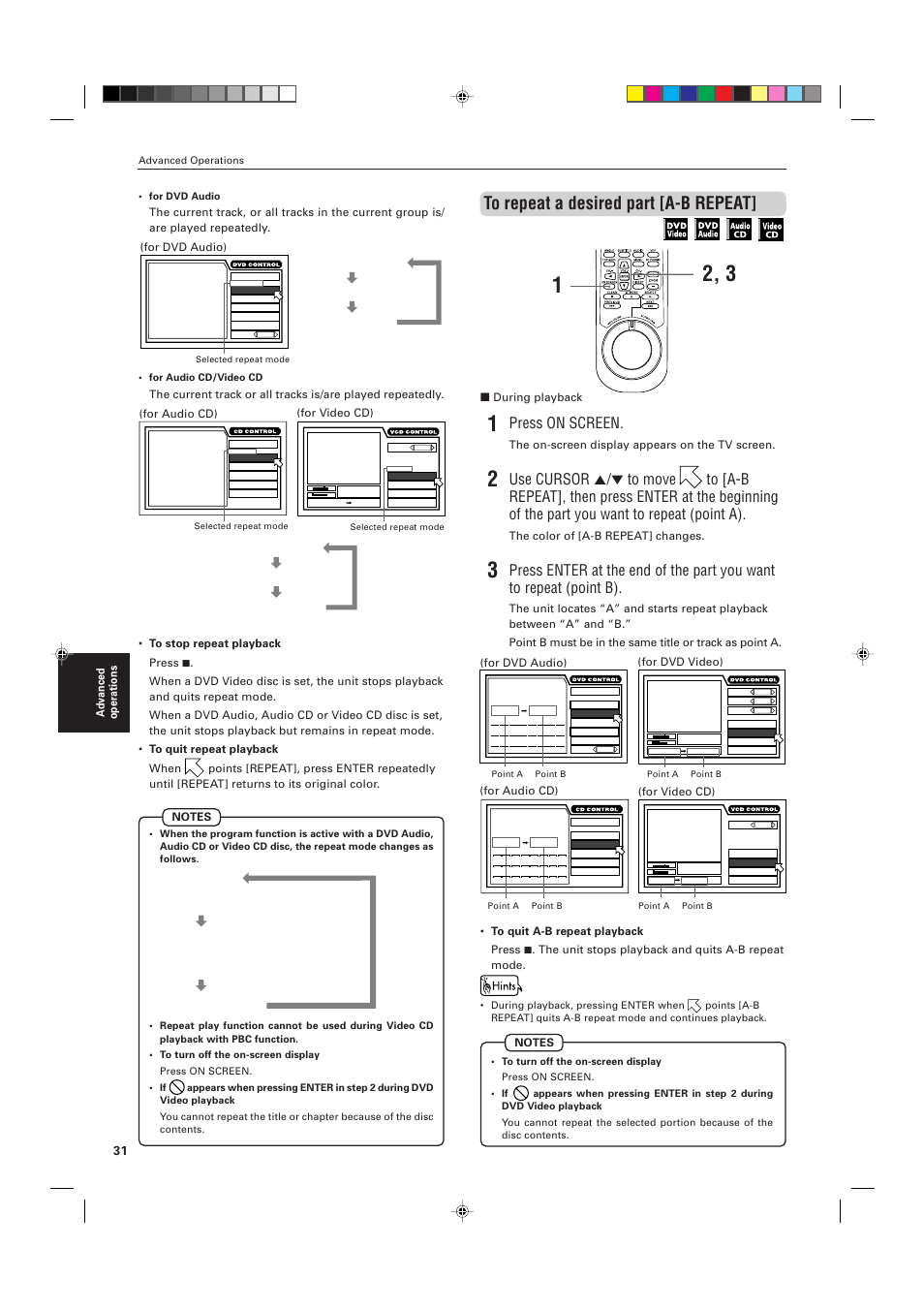 Press on screen, For dvd video), For audio cd) | For video cd), During playback, The on-screen display appears on the tv screen, The color of [a-b repeat] changes, For video cd) (for audio cd), Advanced operations, For dvd audio | JVC XV-D721BK User Manual | Page 34 / 60