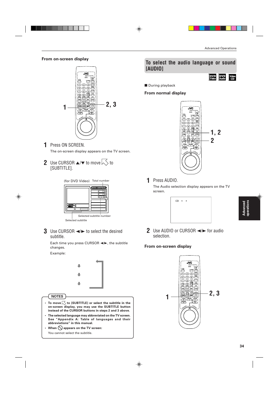 Press on screen, Use cursor 5/∞ to move to [subtitle, Use cursor 2/3 to select the desired subtitle | Press audio, Use audio or cursor 2/3 for audio selection | JVC XV-D721BK User Manual | Page 37 / 60