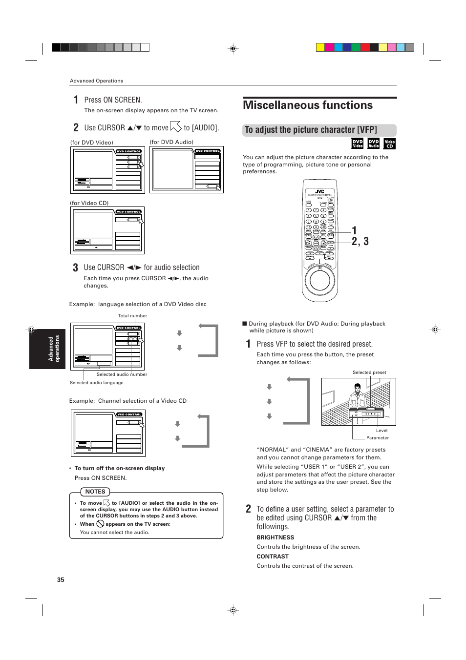 Miscellaneous functions, Press on screen, Use cursor 5/∞ to move to [audio | Use cursor 2/3 for audio selection, Press vfp to select the desired preset, Advanced operations, The on-screen display appears on the tv screen, Normal cinema user 1 user 2 | JVC XV-D721BK User Manual | Page 38 / 60