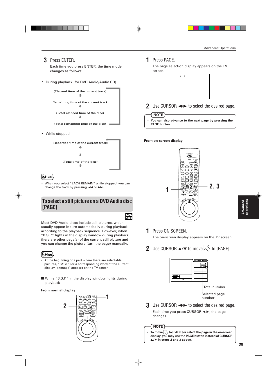 Press enter, Press page, Use cursor 2/3 to select the desired page | Press on screen, Use cursor 5/∞ to move to [page | JVC XV-D721BK User Manual | Page 41 / 60