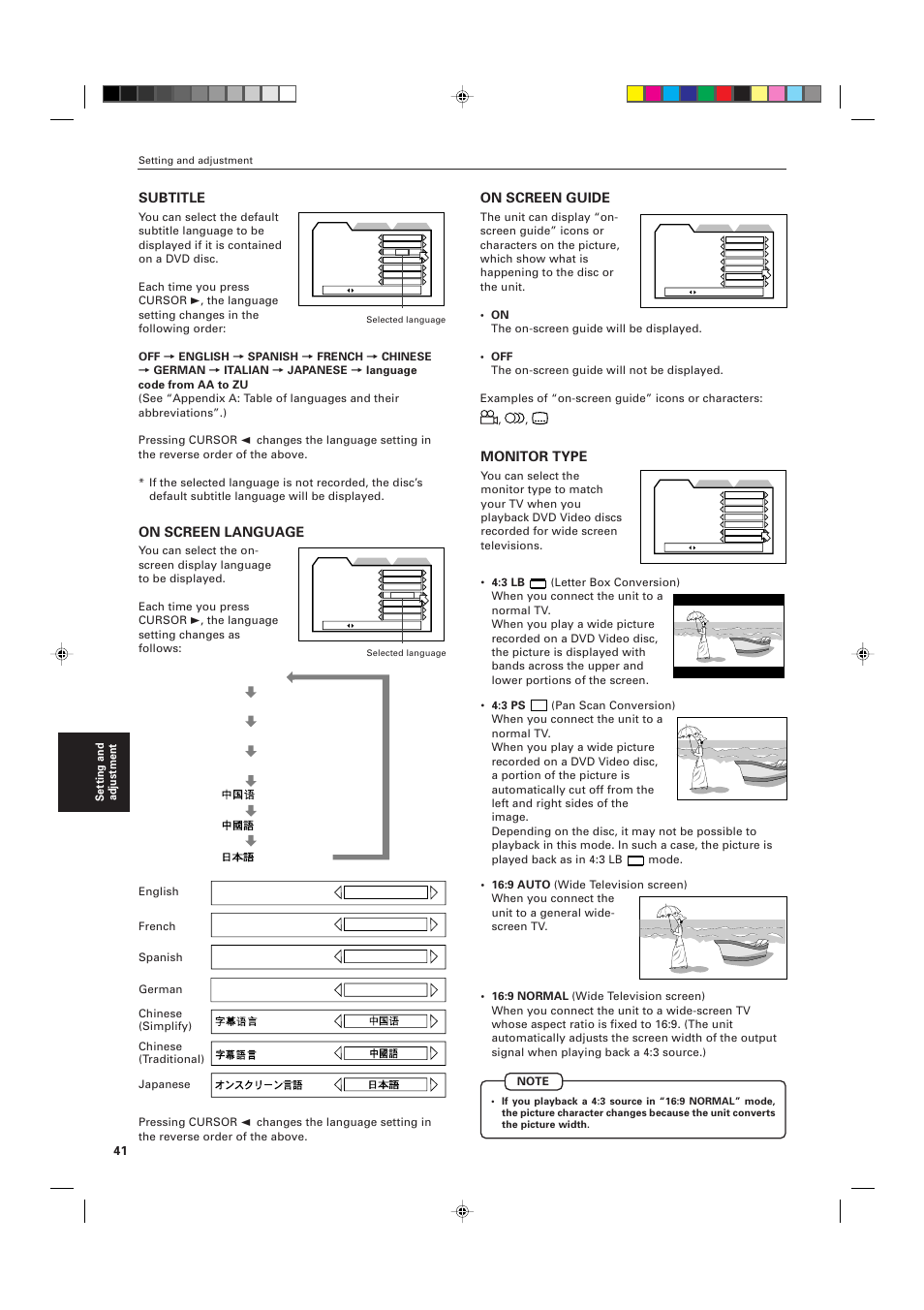 Subtitle, On screen language, On screen guide | Monitor type | JVC XV-D721BK User Manual | Page 44 / 60