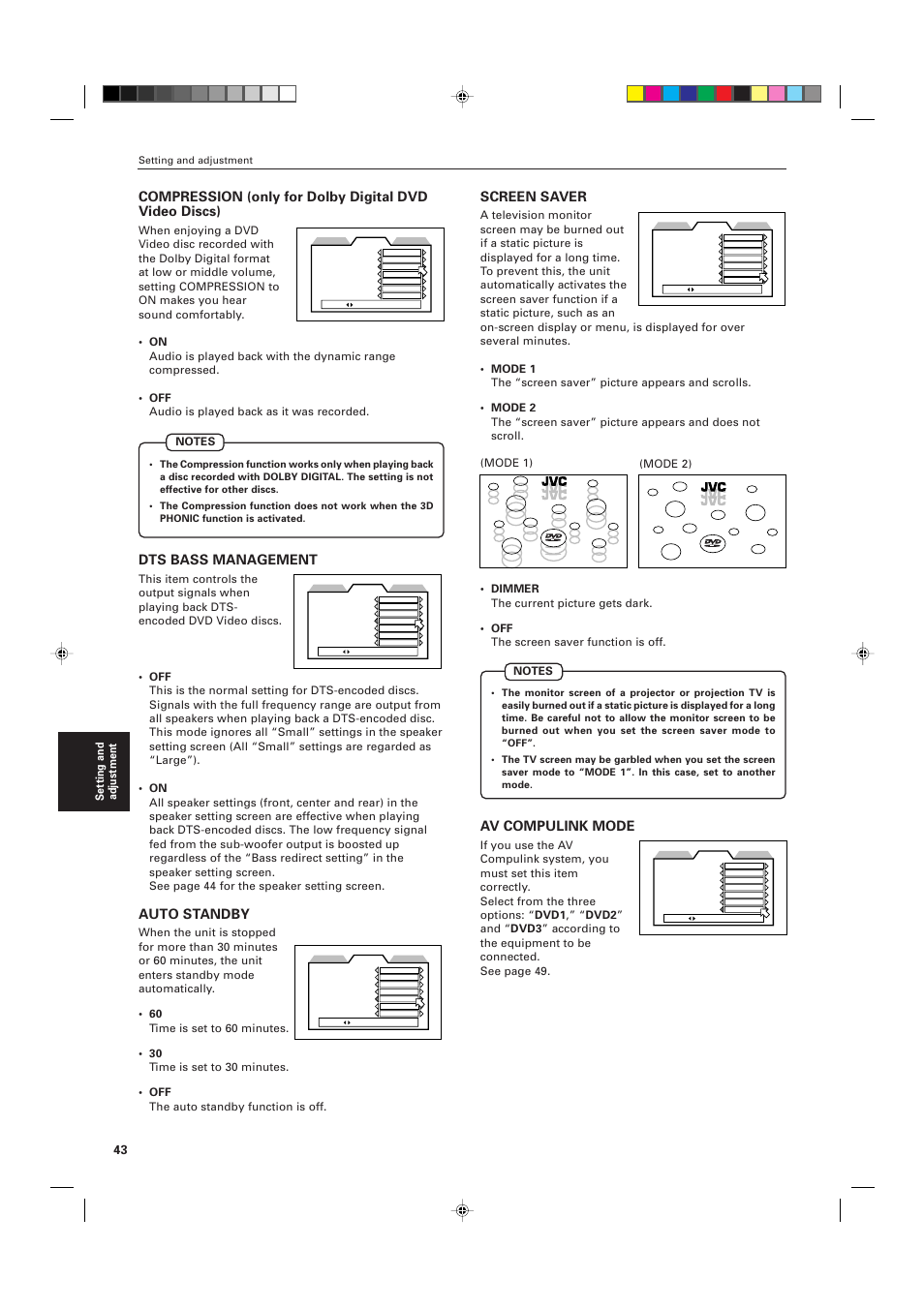 Dts bass management, Auto standby, Screen saver | Av compulink mode, Setting and adjustment, Mode 1) (mode 2) | JVC XV-D721BK User Manual | Page 46 / 60