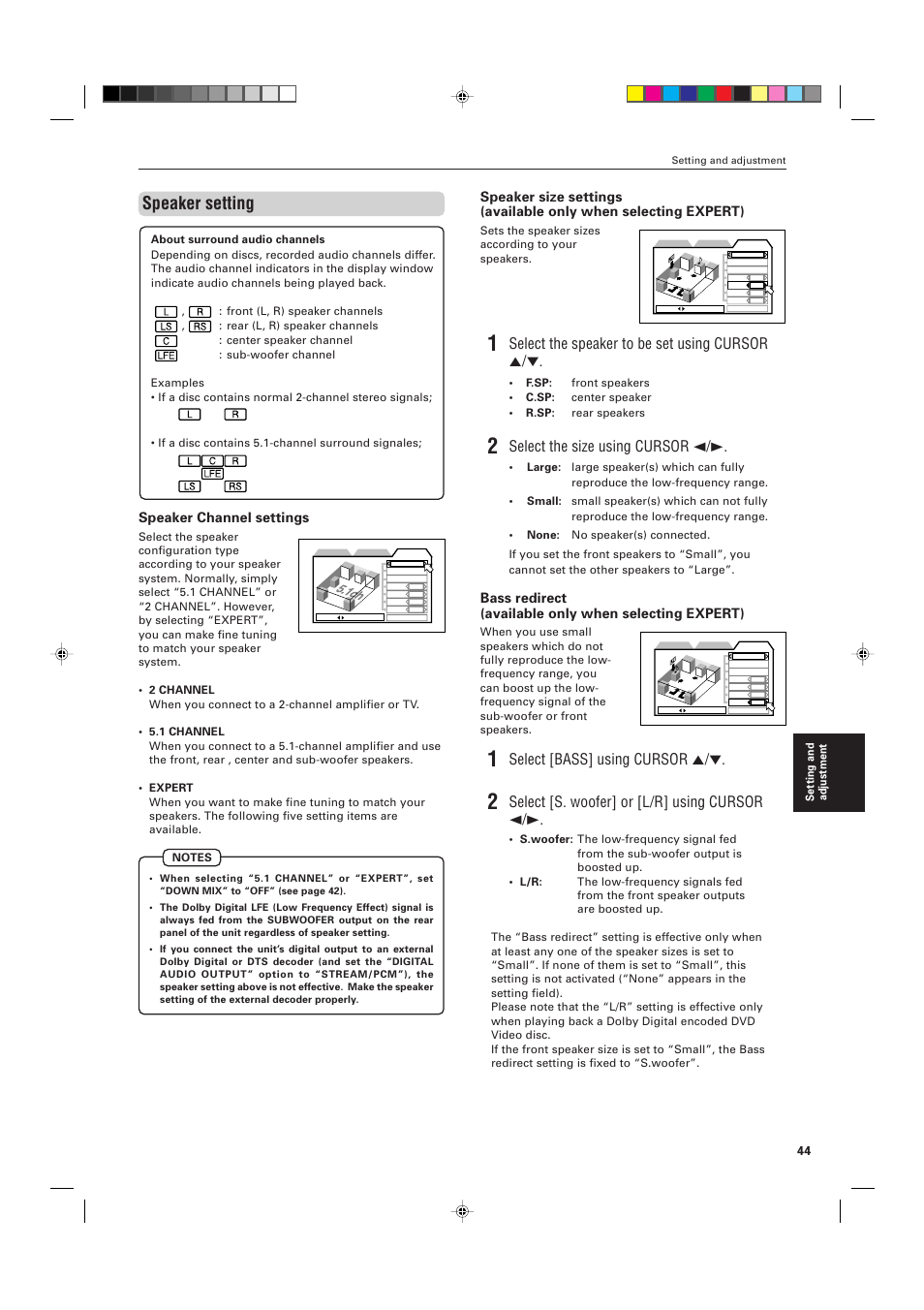 Speaker setting, Select [bass] using cursor 5, Select [s. woofer] or [l/r] using cursor 2/3 | Bass, Select the speaker to be set using cursor 5, Select the size using cursor 2/3, Speaker channel settings | JVC XV-D721BK User Manual | Page 47 / 60