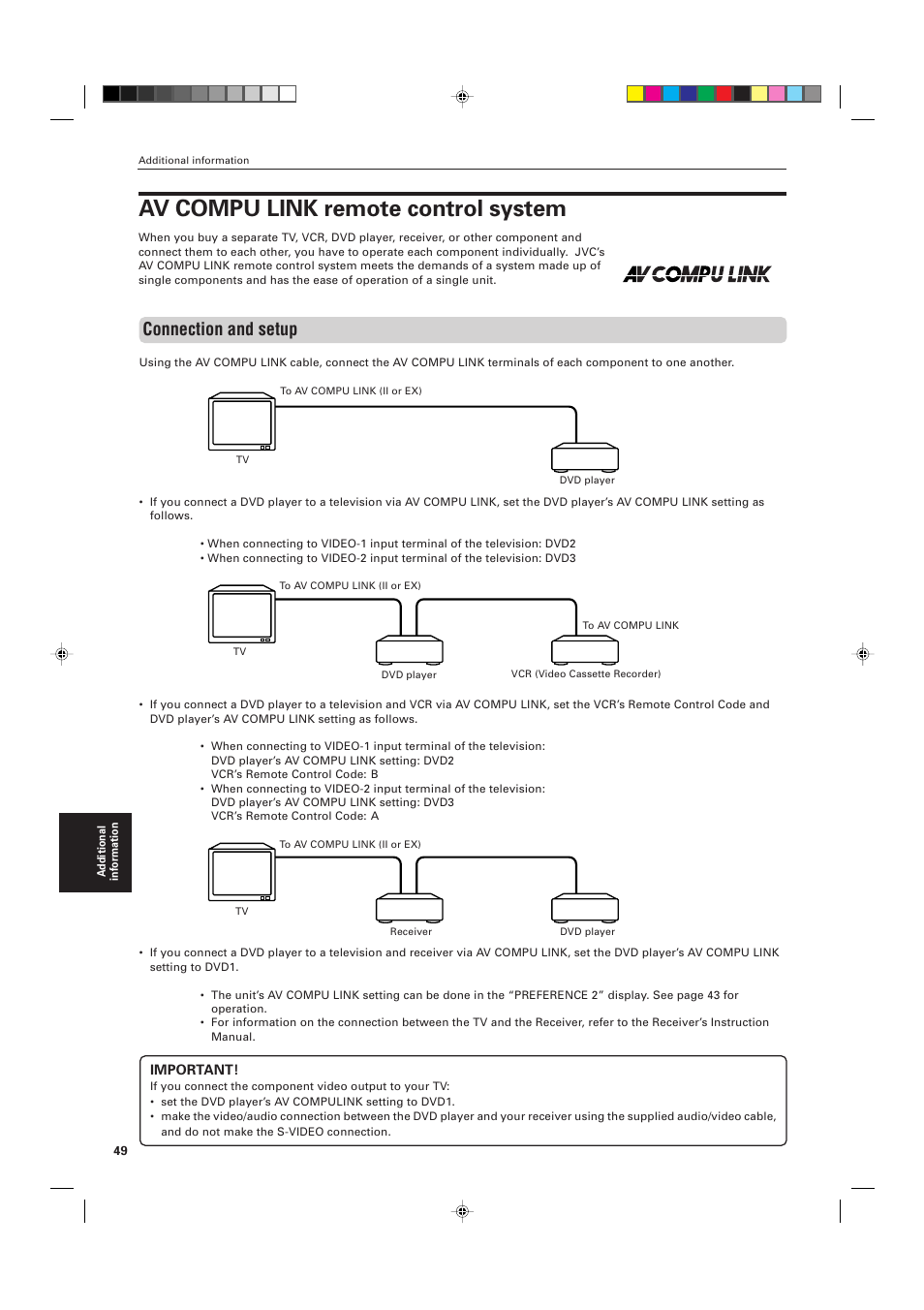Av compu link remote control system, Connection and setup | JVC XV-D721BK User Manual | Page 52 / 60