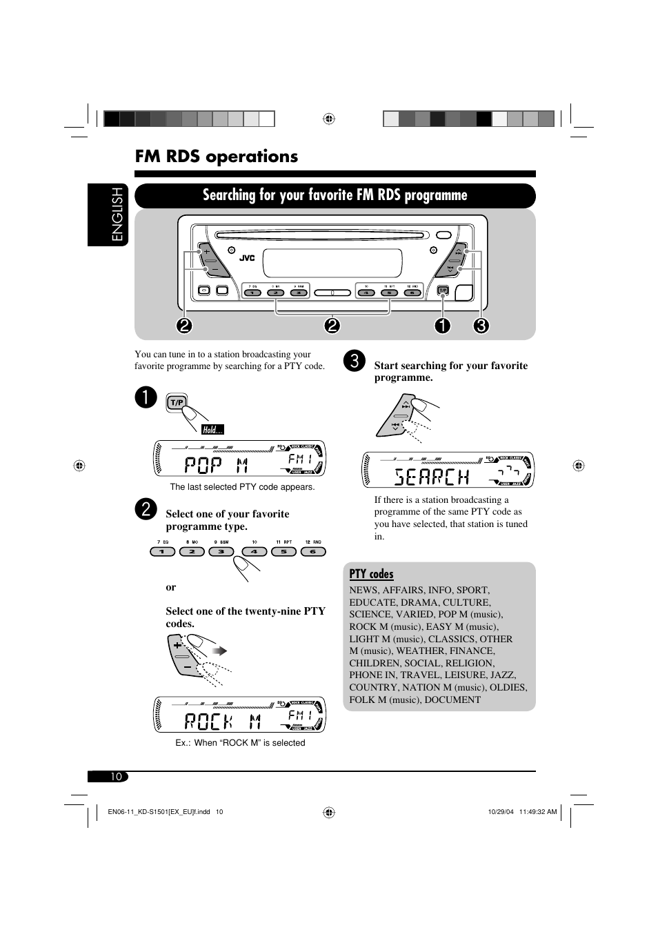 Fm rds operations, Searching for your favorite fm rds programme | JVC GET0287-003A User Manual | Page 10 / 26