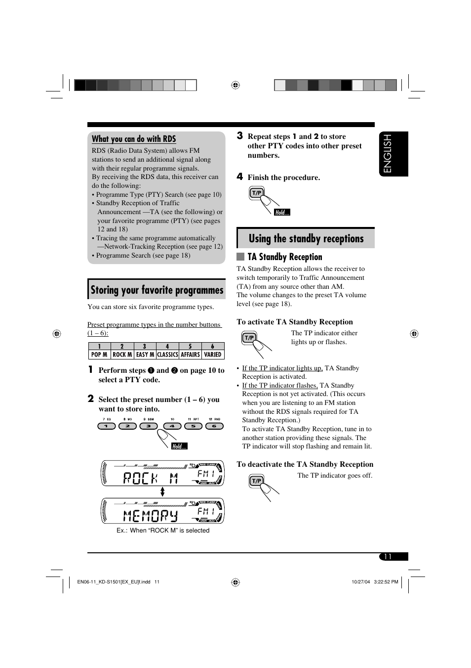 Storing your favorite programmes, Using the standby receptions, English | Ta standby reception | JVC GET0287-003A User Manual | Page 11 / 26