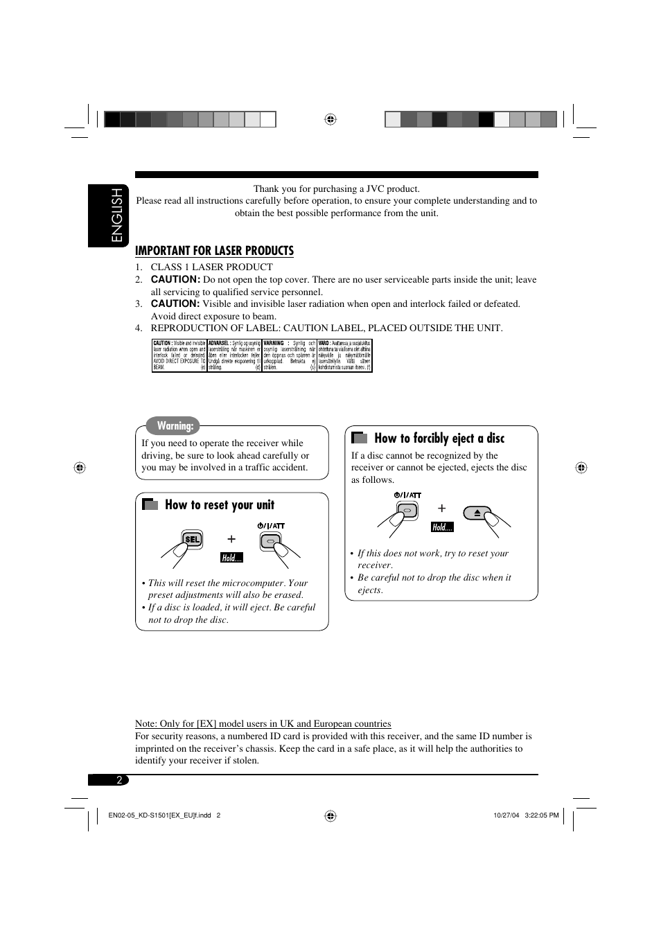 Important for laser products, English, How to reset your unit | How to forcibly eject a disc | JVC GET0287-003A User Manual | Page 2 / 26
