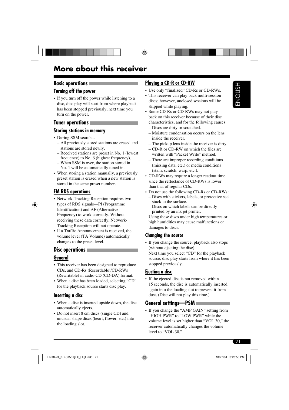 More about this receiver, English, Basic operations | Tuner operations, Disc operations, General settings—psm | JVC GET0287-003A User Manual | Page 21 / 26