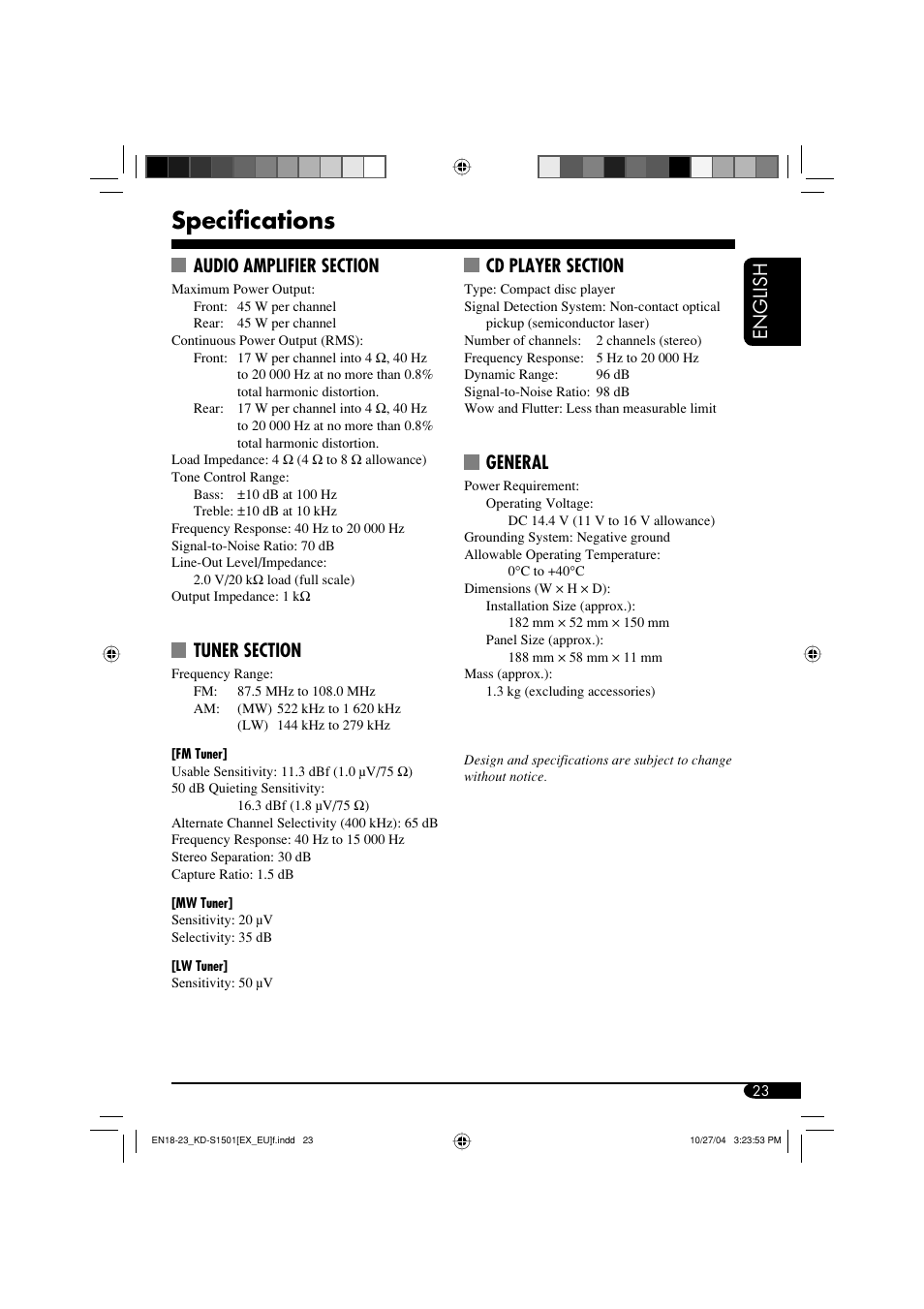 Specifications, English, General | JVC GET0287-003A User Manual | Page 23 / 26