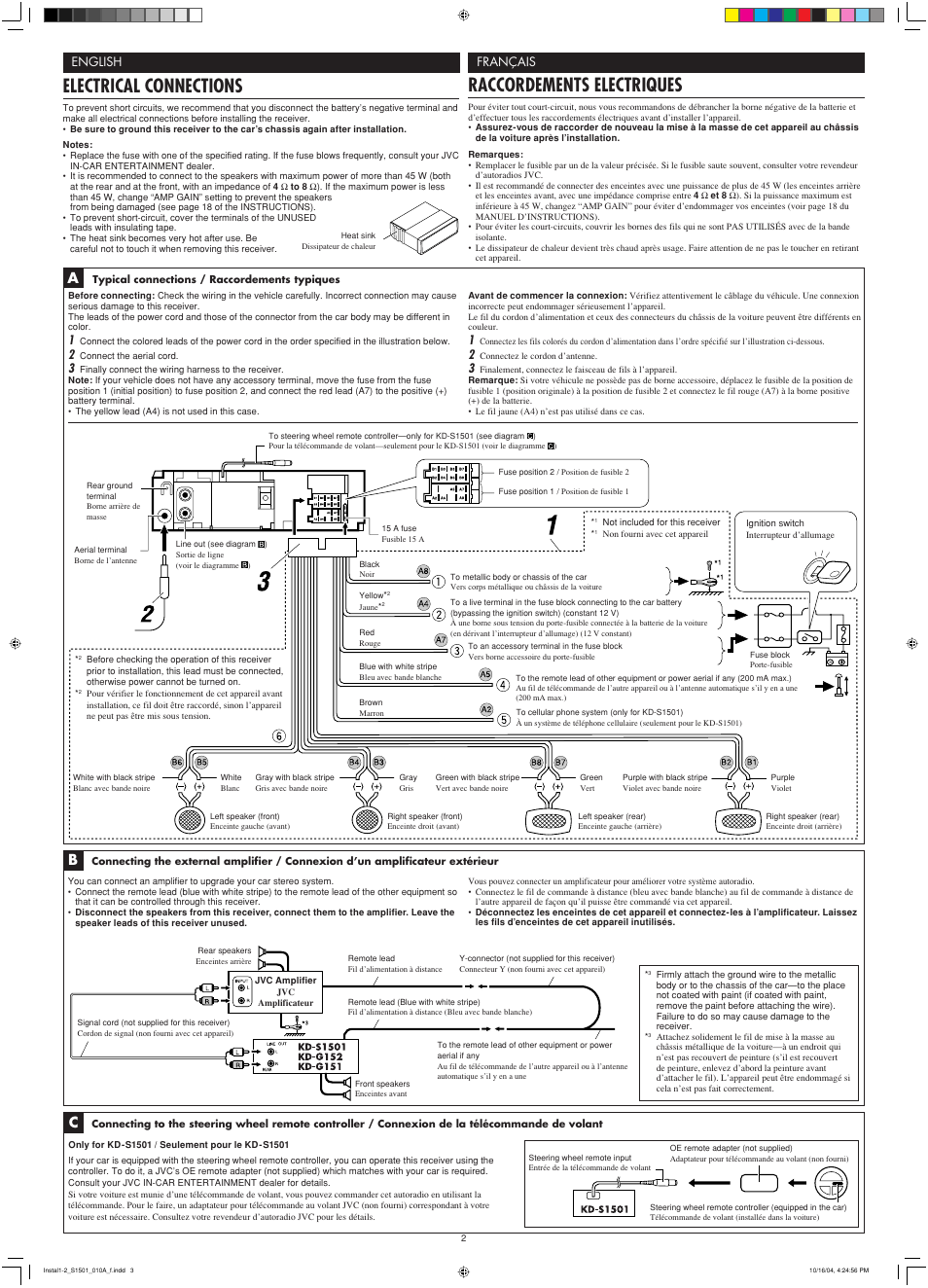 Electrical connections, Raccordements electriques, English français | JVC GET0287-003A User Manual | Page 25 / 26