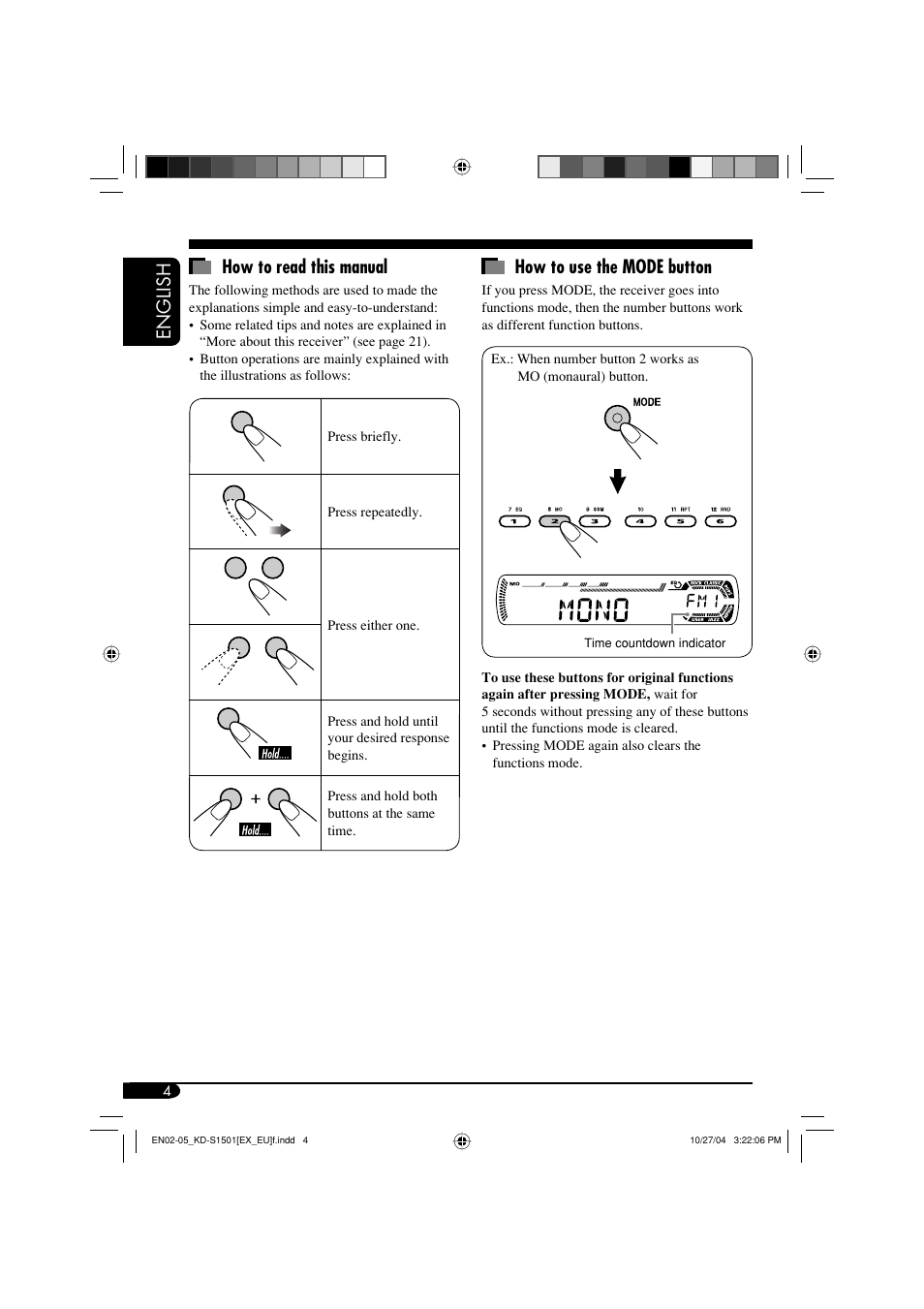 English how to read this manual, How to use the mode button | JVC GET0287-003A User Manual | Page 4 / 26