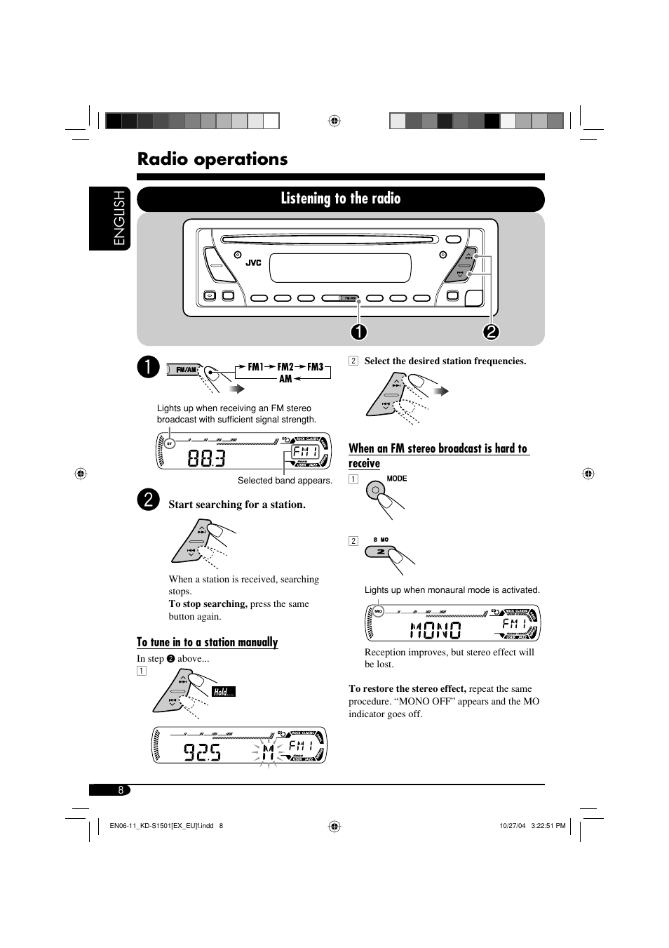 Radio operations, Listening to the radio, English | JVC GET0287-003A User Manual | Page 8 / 26