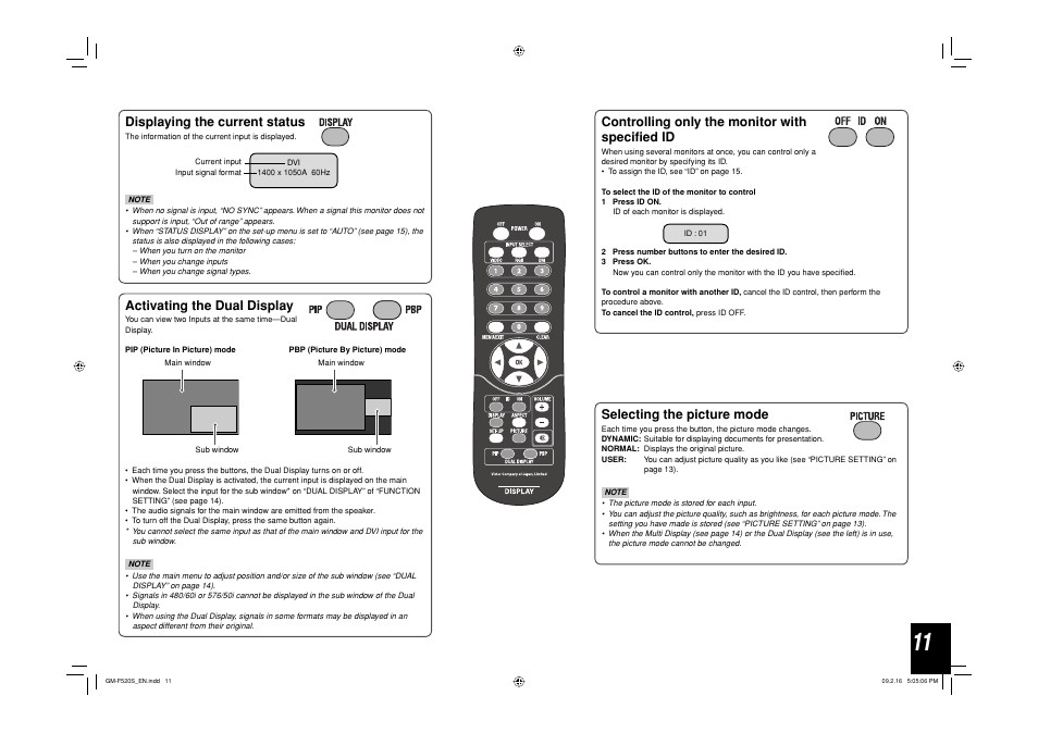 Displaying the current status, Selecting the picture mode, Activating the dual display | Controlling only the monitor with specified id | JVC GM-F520S User Manual | Page 11 / 32