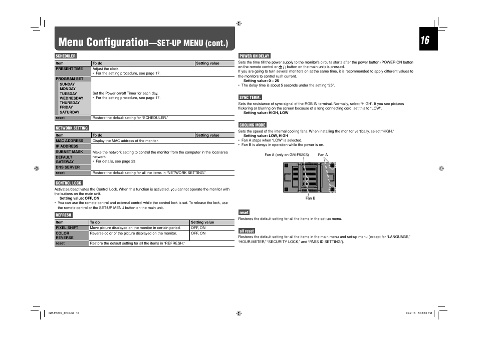Menu configuration, Set-up menu (cont.) | JVC GM-F520S User Manual | Page 16 / 32