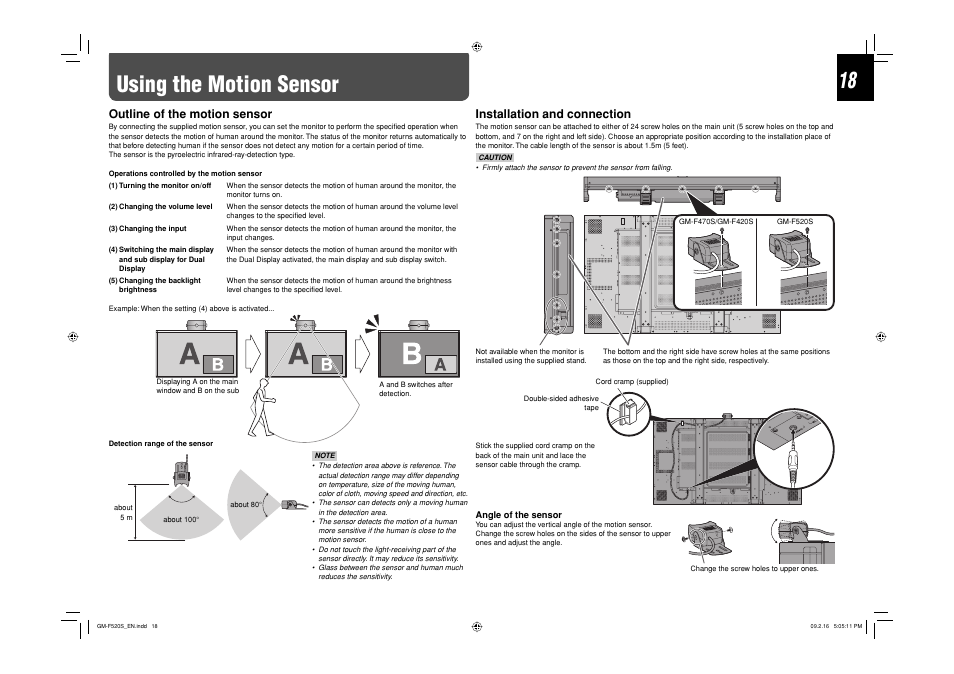 Using the motion sensor, Outline of the motion sensor, Installation and connection | JVC GM-F520S User Manual | Page 18 / 32
