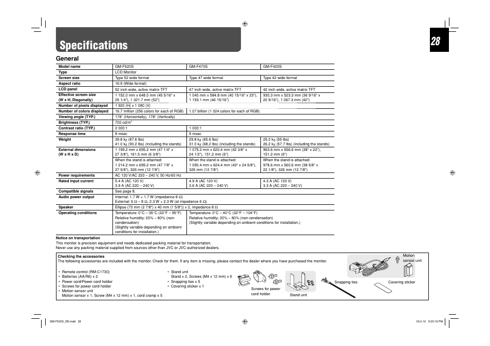 Specifications, General | JVC GM-F520S User Manual | Page 28 / 32