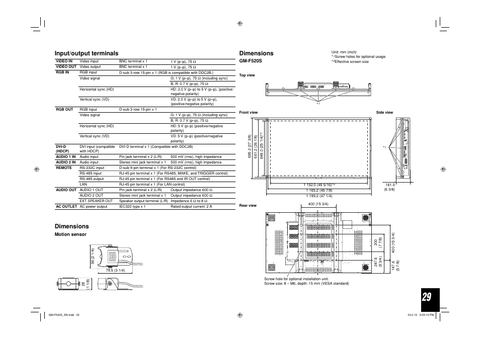 Input/output terminals, Dimensions | JVC GM-F520S User Manual | Page 29 / 32