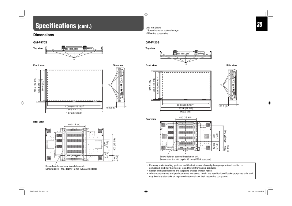 Specifications, Cont.), Dimensions | JVC GM-F520S User Manual | Page 30 / 32