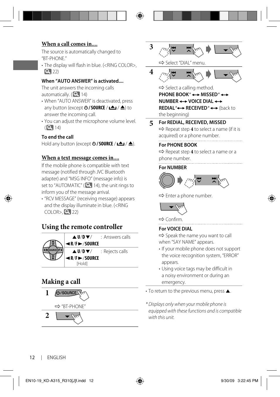 Using the remote controller, Making a call | JVC GET0626-001A User Manual | Page 12 / 107