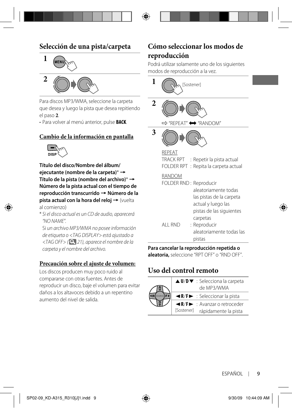 Selección de una pista/carpeta, Cómo seleccionar los modos de reproducción, Uso del control remoto | JVC GET0626-001A User Manual | Page 43 / 107