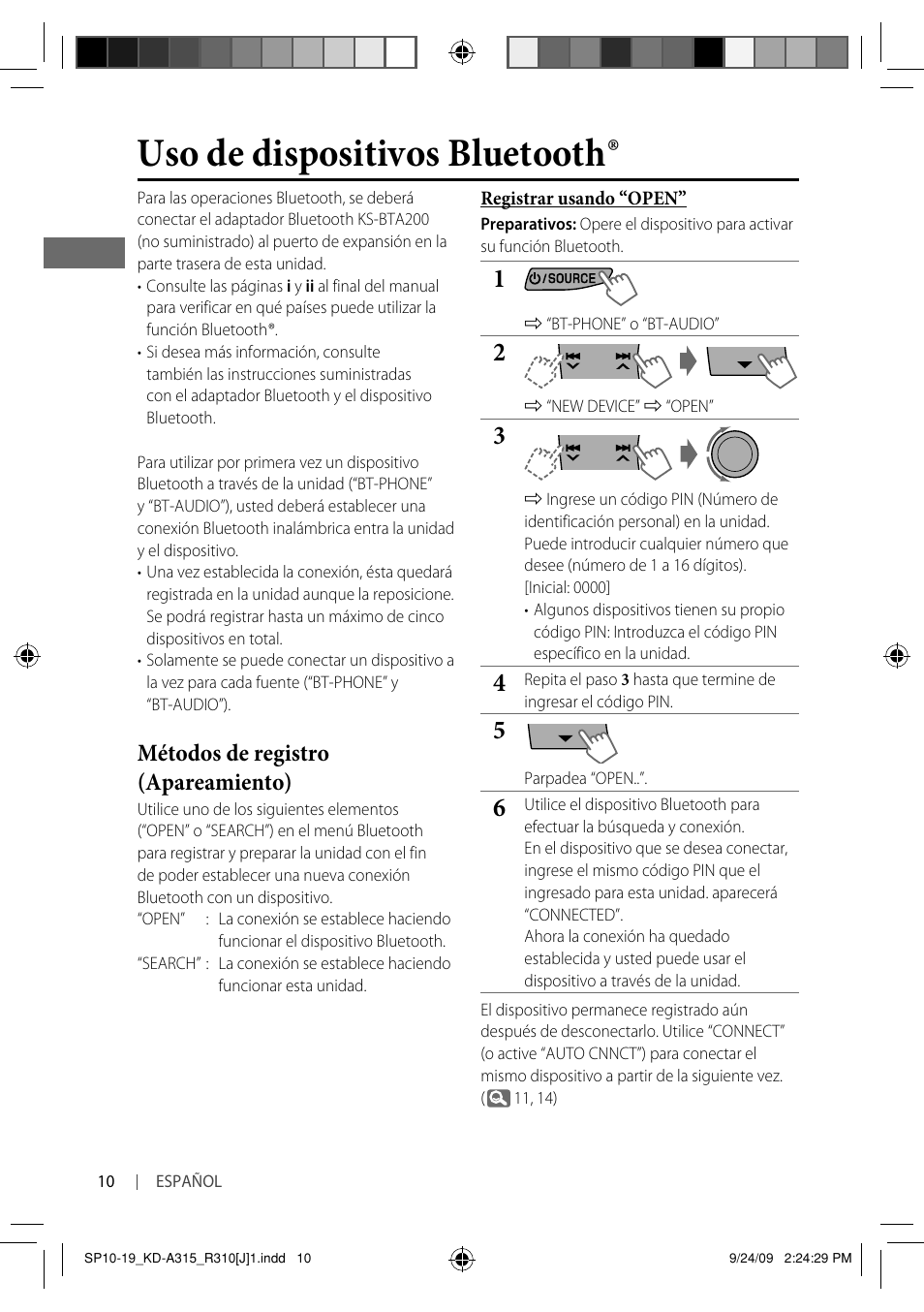 Uso de dispositivos bluetooth, Métodos de registro (apareamiento) | JVC GET0626-001A User Manual | Page 44 / 107