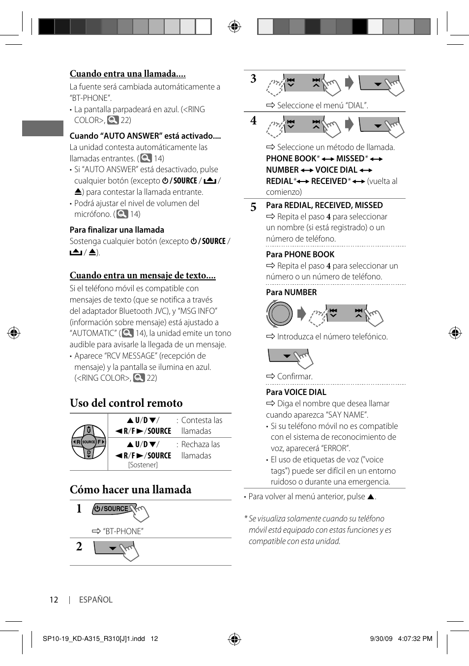 Uso del control remoto, Cómo hacer una llamada | JVC GET0626-001A User Manual | Page 46 / 107