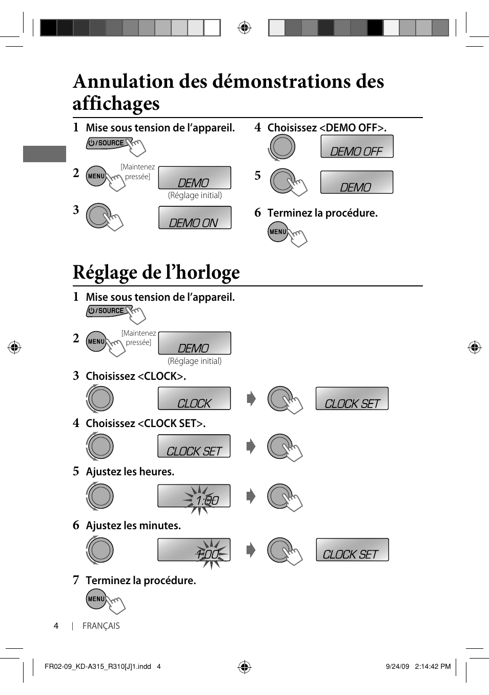 Réglage de l’horloge, Annulation des démonstrations des affichages | JVC GET0626-001A User Manual | Page 72 / 107