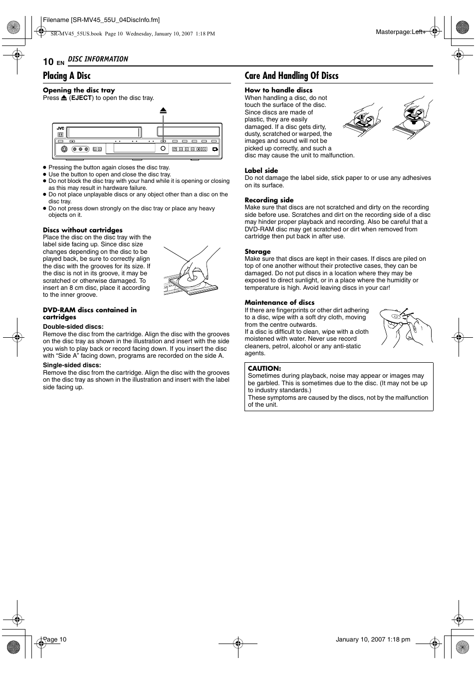 Placing a disc, Care and handling of discs | JVC SR MV45U User Manual | Page 10 / 88