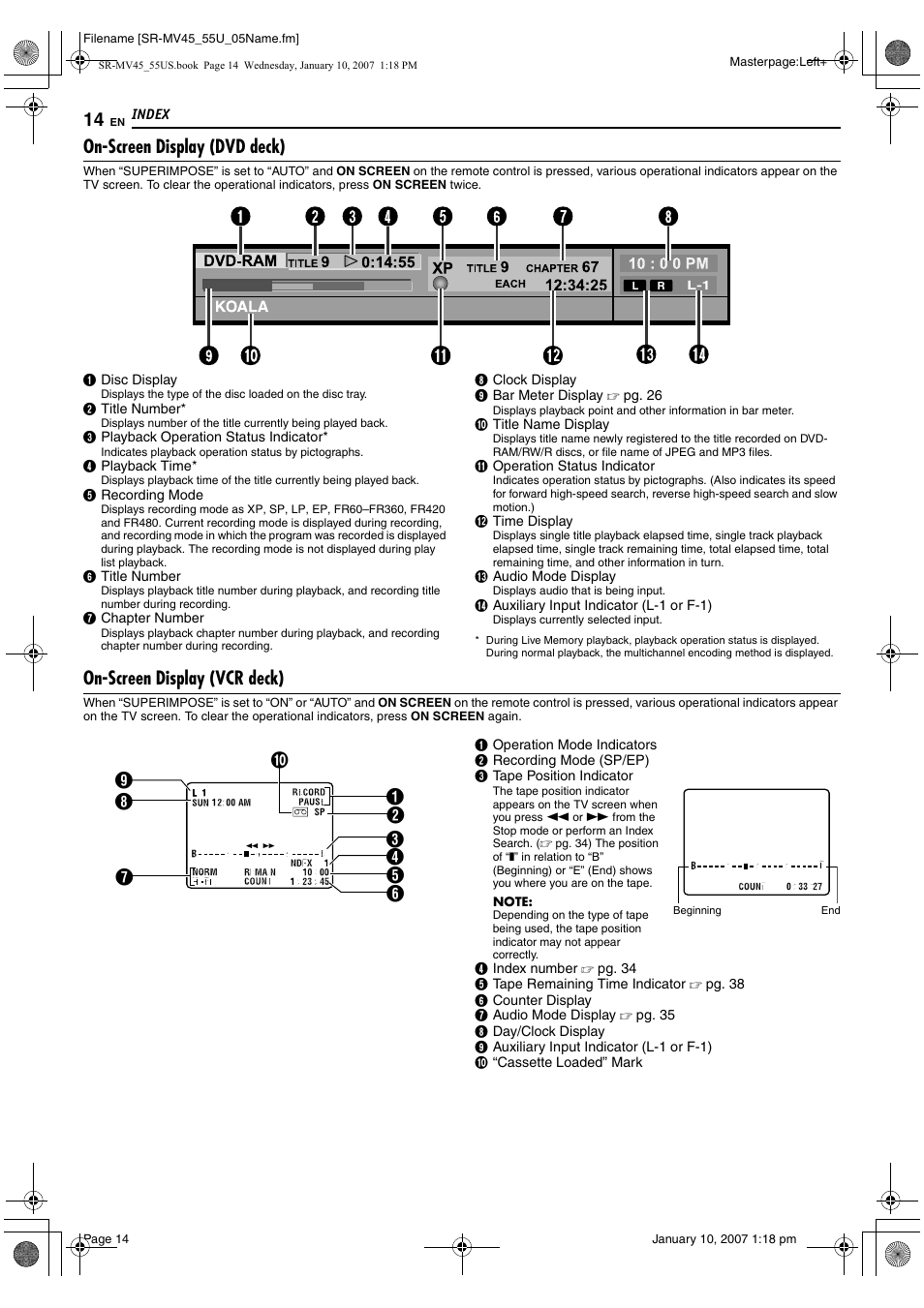 On-screen display (dvd deck), On-screen display (vcr deck) | JVC SR MV45U User Manual | Page 14 / 88