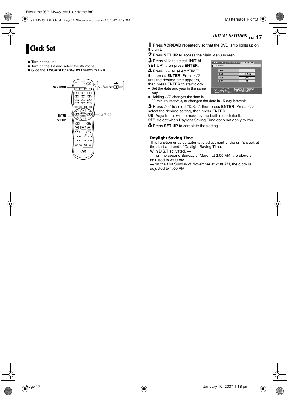Initial settings, Clock set, Pg. 17, 2 | Button, Pg. 17, Itch, D button | JVC SR MV45U User Manual | Page 17 / 88