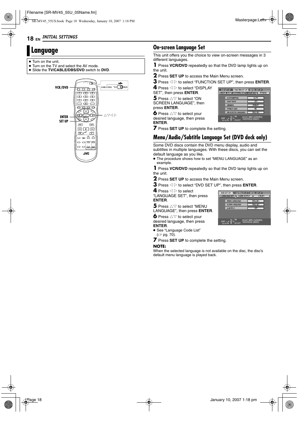 Language, On-screen language set, Menu/audio/subtitle language set (dvd deck only) | JVC SR MV45U User Manual | Page 18 / 88