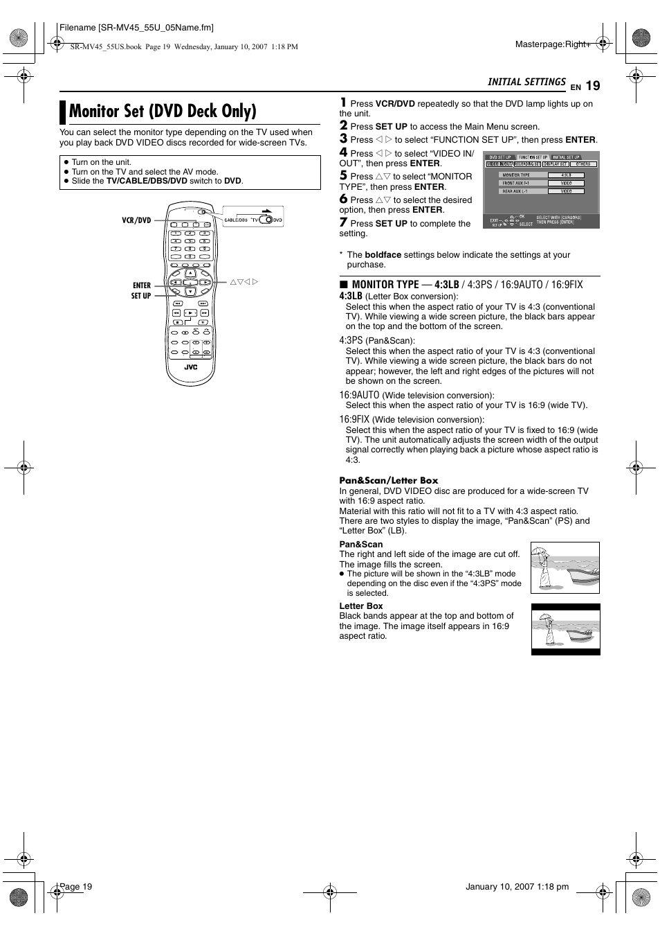 Monitor set (dvd deck only) | JVC SR MV45U User Manual | Page 19 / 88