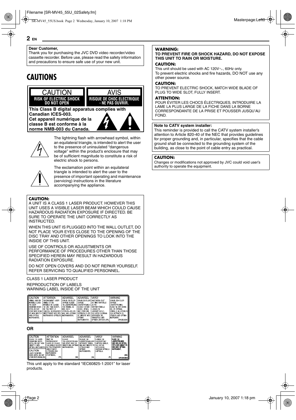 Cautions, Caution avis | JVC SR MV45U User Manual | Page 2 / 88