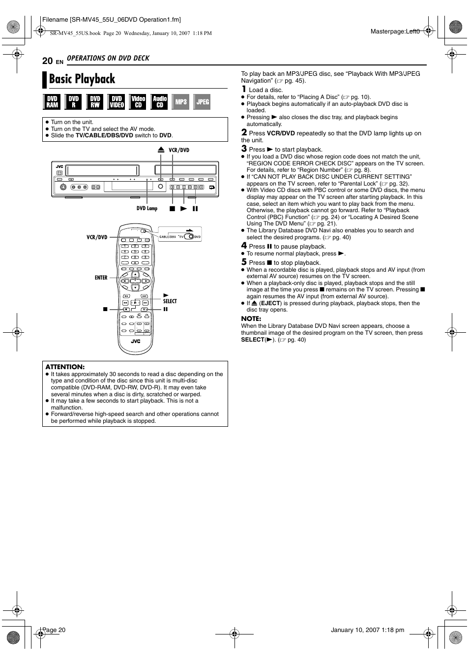 Operations on dvd deck, Basic playback, Pg. 20, 33 | Pg. 20, 34, Pg. 20 | JVC SR MV45U User Manual | Page 20 / 88