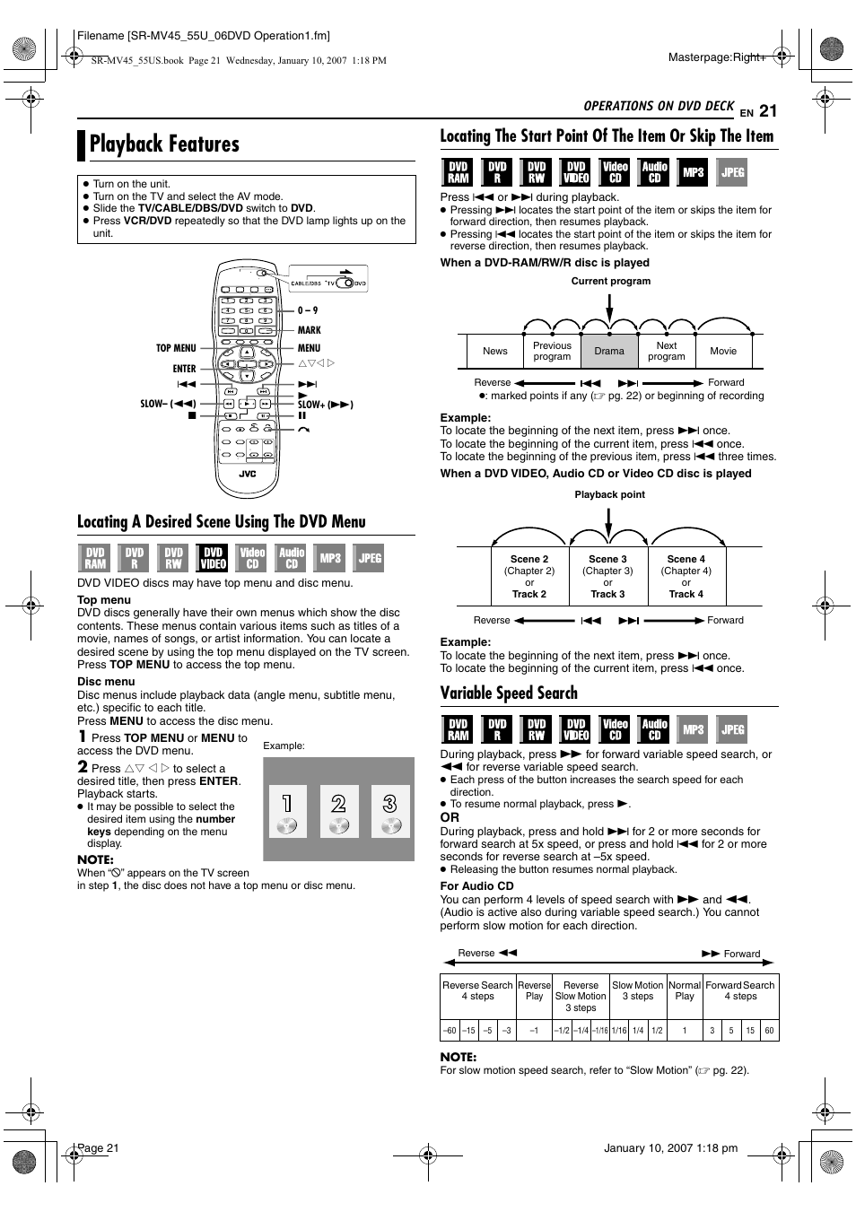 Playback features, Locating a desired scene using the dvd menu, Variable speed search | Pg. 21, 27, 34, Pg. 21, 2, Pg. 21, Pg. 21, 27, Only), Locating a desired scene, Using the dvd menu | JVC SR MV45U User Manual | Page 21 / 88