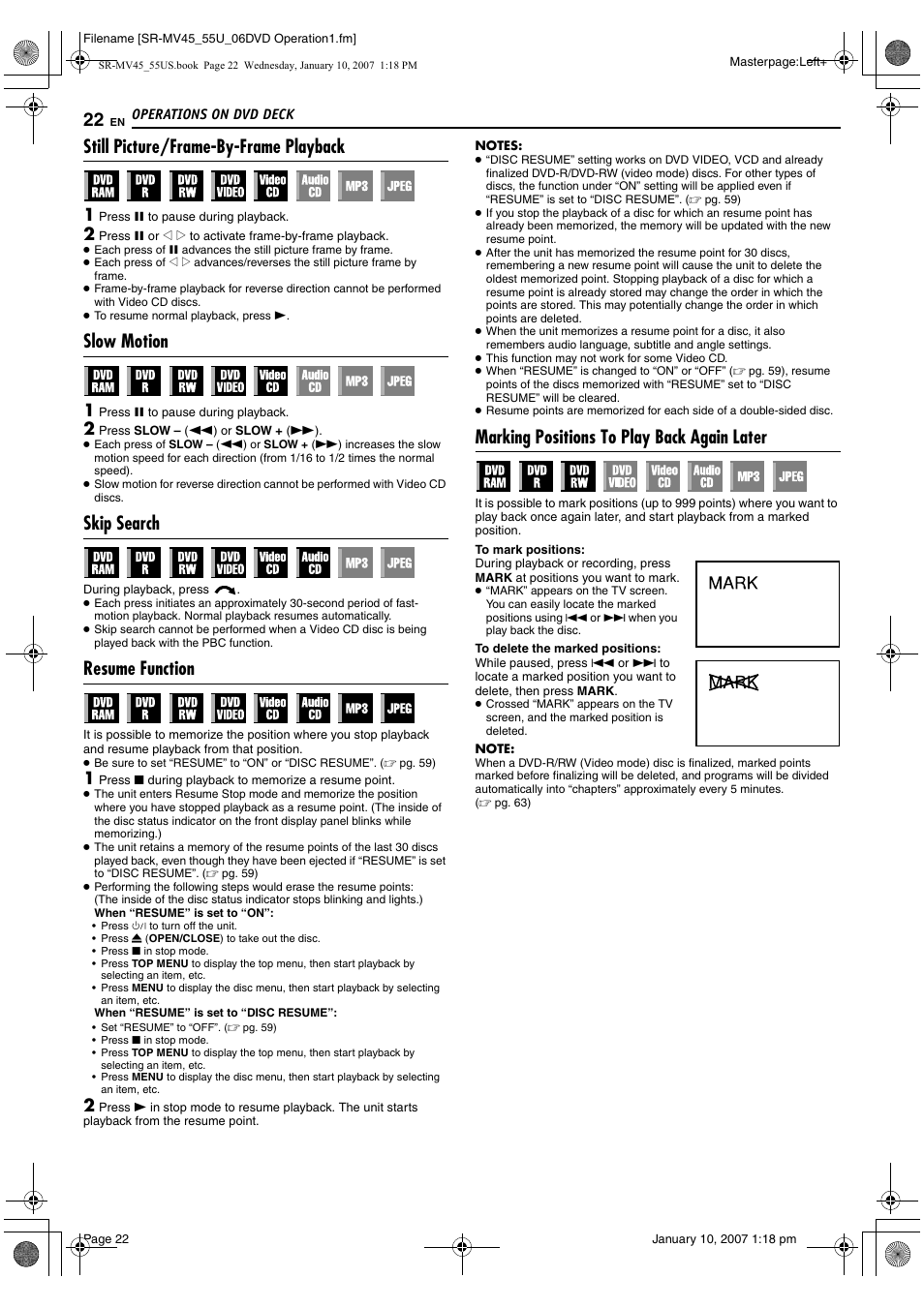 Still picture/frame-by-frame playback, Slow motion, Skip search | Resume function, Marking positions to play back again later, Pg. 22, Pg. 22, 27 | JVC SR MV45U User Manual | Page 22 / 88