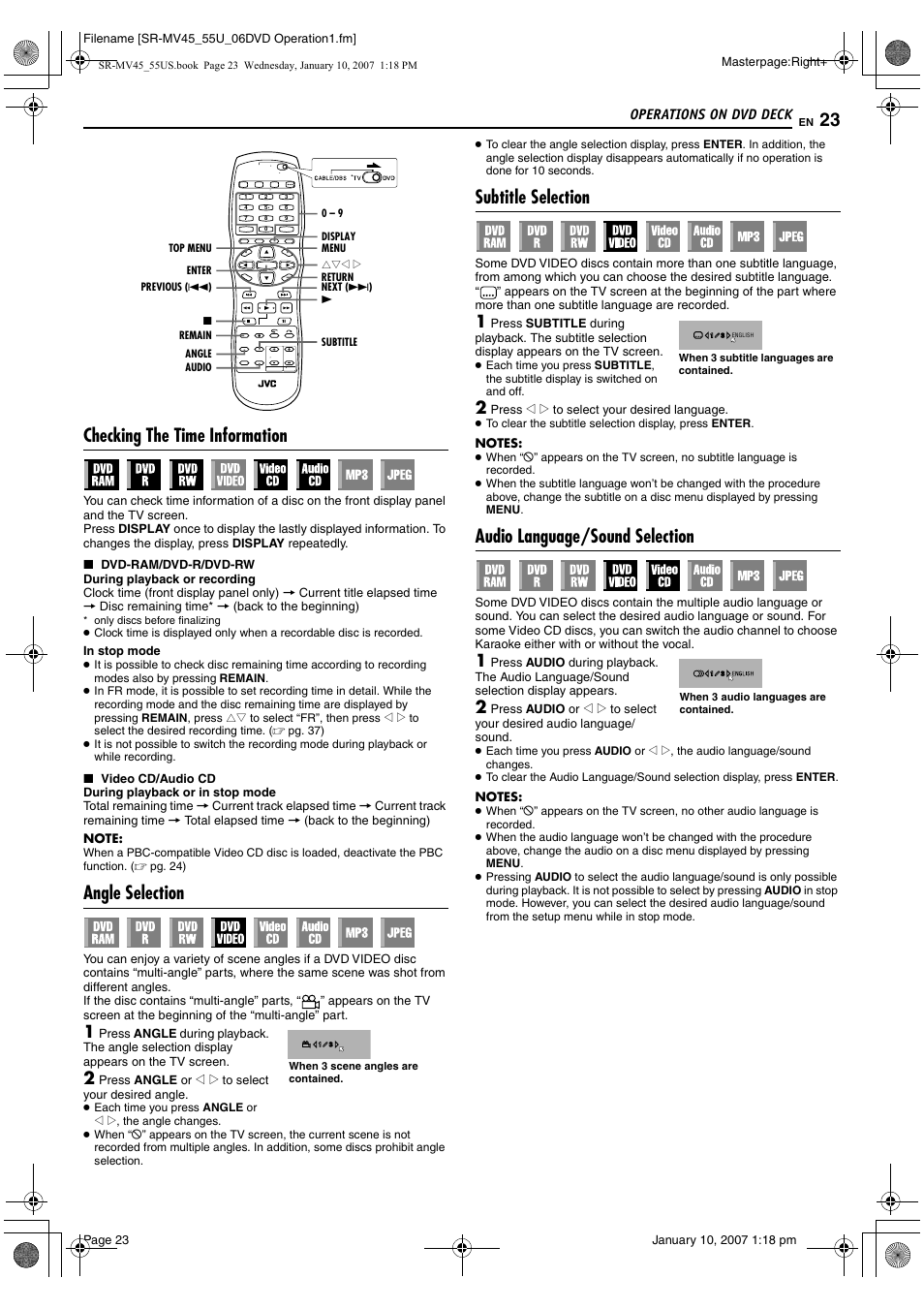 Checking the time information, Angle selection, Subtitle selection | Audio language/sound selection, Pg. 23, 3, Pg. 23, 37, Pg. 23, Pg. 23, 35 | JVC SR MV45U User Manual | Page 23 / 88