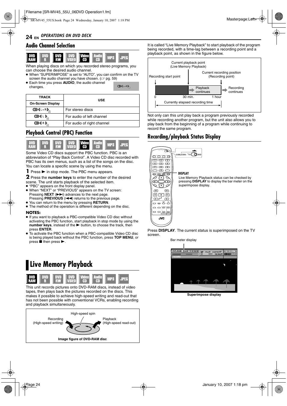 Audio channel selection, Playback control (pbc) function, Live memory playback | Recording/playback status display, Pg. 24), Pg. 24, Eturn), Pg. 24) or, Operations on dvd deck | JVC SR MV45U User Manual | Page 24 / 88