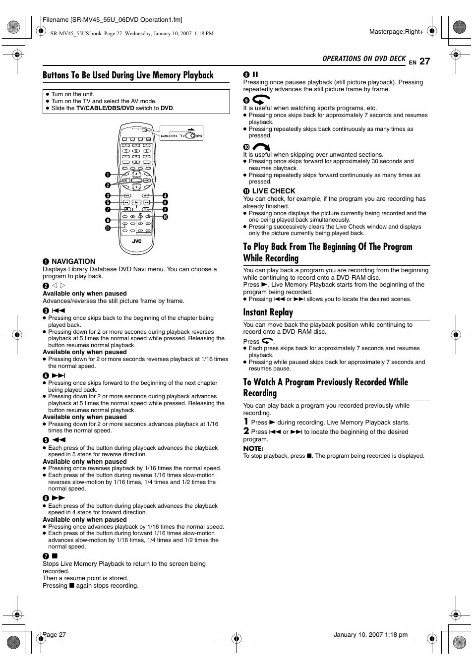 Buttons to be used during live memory playback, Instant replay, Pg. 27, 34 | JVC SR MV45U User Manual | Page 27 / 88