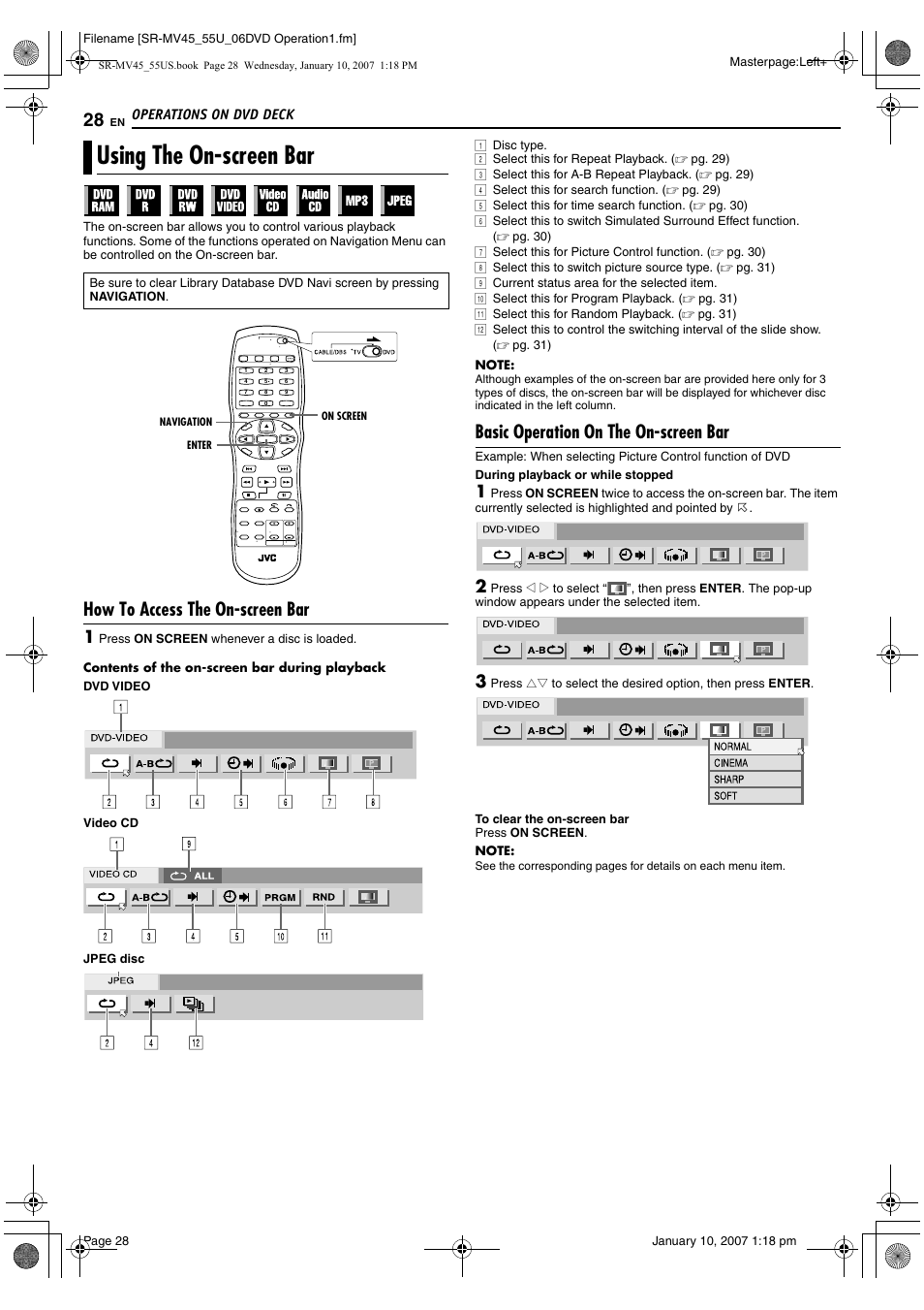 Using the on-screen bar, How to access the on-screen bar, Basic operation on the on-screen bar | JVC SR MV45U User Manual | Page 28 / 88