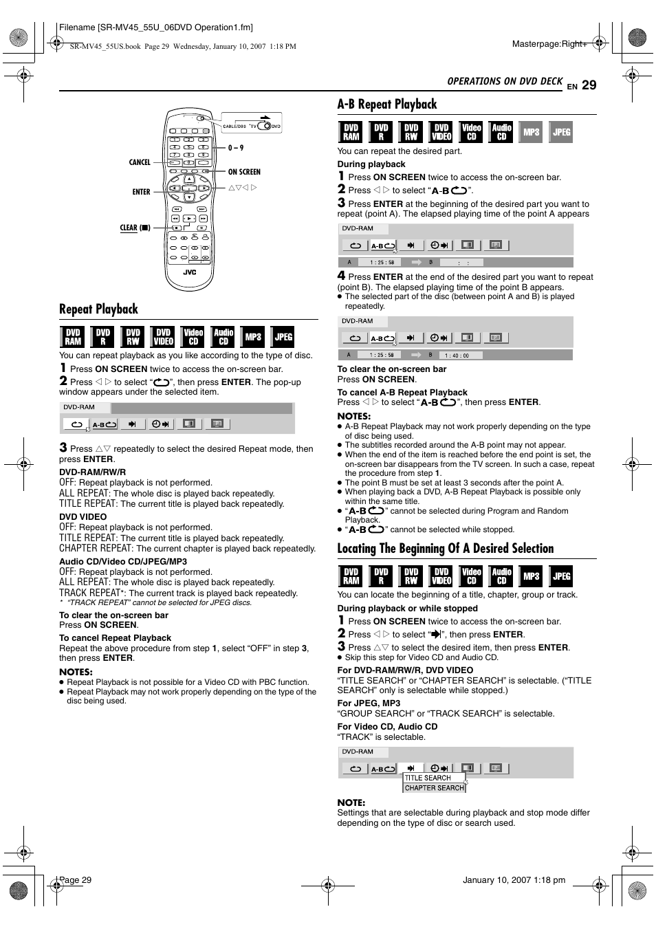 Repeat playback, A-b repeat playback, Locating the beginning of a desired selection | 1/a–b), Pg. 29, 35, K. (੬ pg. 29), Pg. 29), R search function. (੬ pg. 29) | JVC SR MV45U User Manual | Page 29 / 88