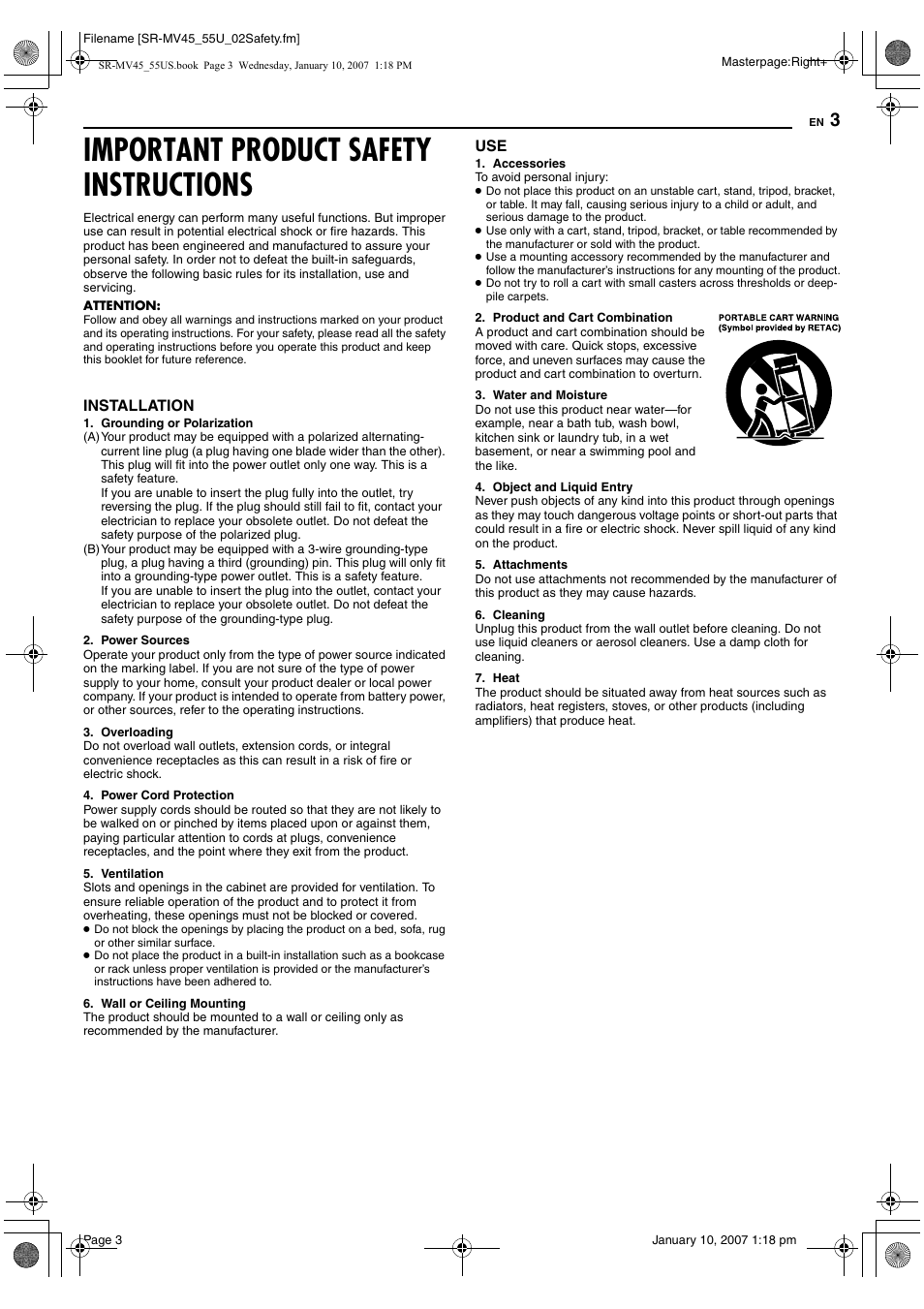 Important product safety instructions | JVC SR MV45U User Manual | Page 3 / 88