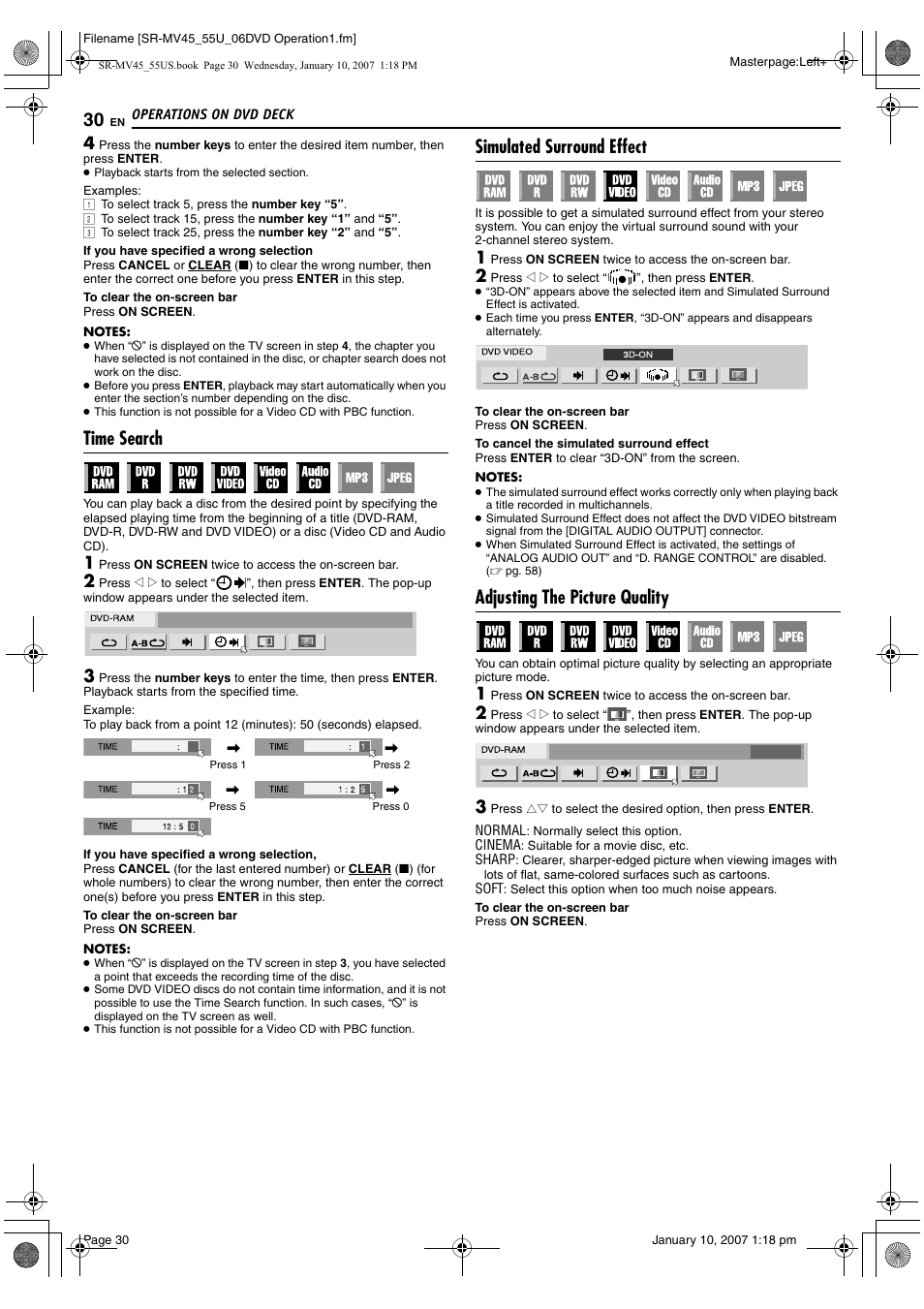 Time search, Simulated surround effect, Adjusting the picture quality | Pg. 30, Only), Pg. 30), R picture control function. (੬ pg. 30) | JVC SR MV45U User Manual | Page 30 / 88