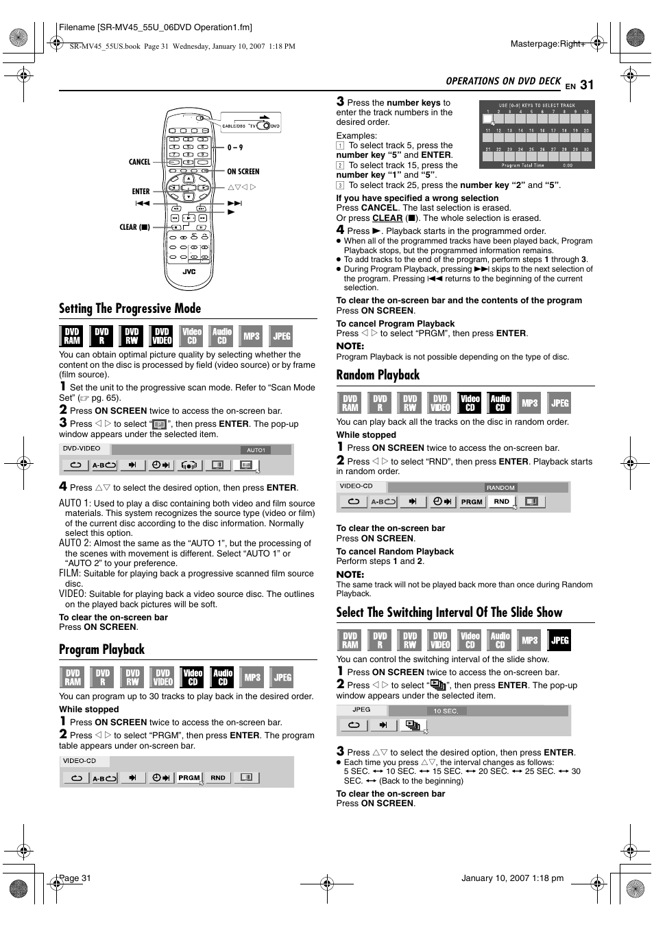 Setting the progressive mode, Program playback, Random playback | Select the switching interval of the slide show, Pg. 31, Pg. 31), K. (੬ pg. 31) | JVC SR MV45U User Manual | Page 31 / 88