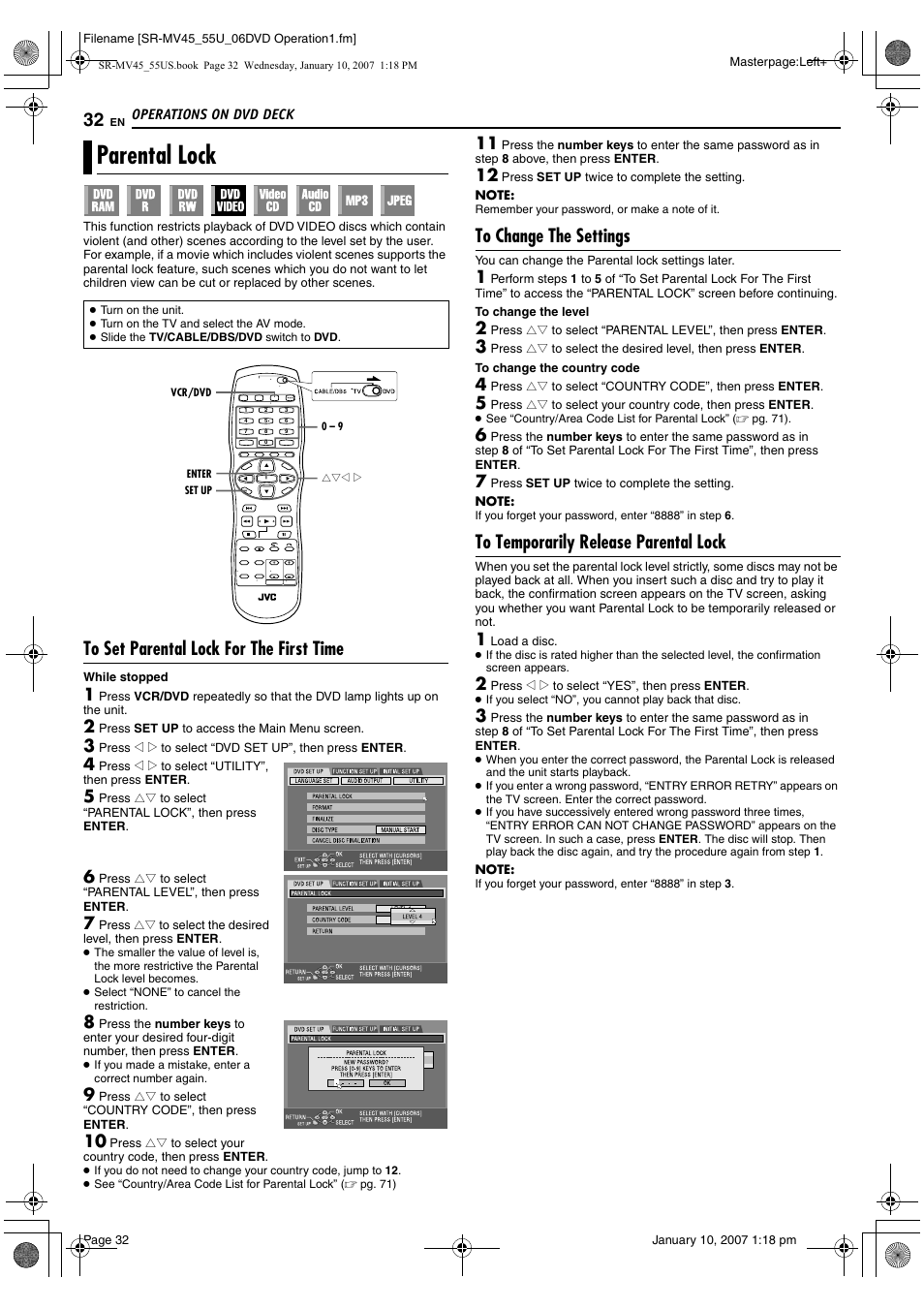 Parental lock, To set parental lock for the first time, To change the settings | To temporarily release parental lock, Pg. 32) | JVC SR MV45U User Manual | Page 32 / 88