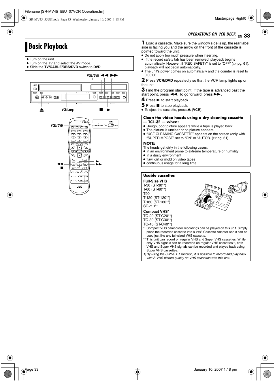 Operations on vcr deck, Basic playback, Pg. 33 | Vcr lamp | JVC SR MV45U User Manual | Page 33 / 88