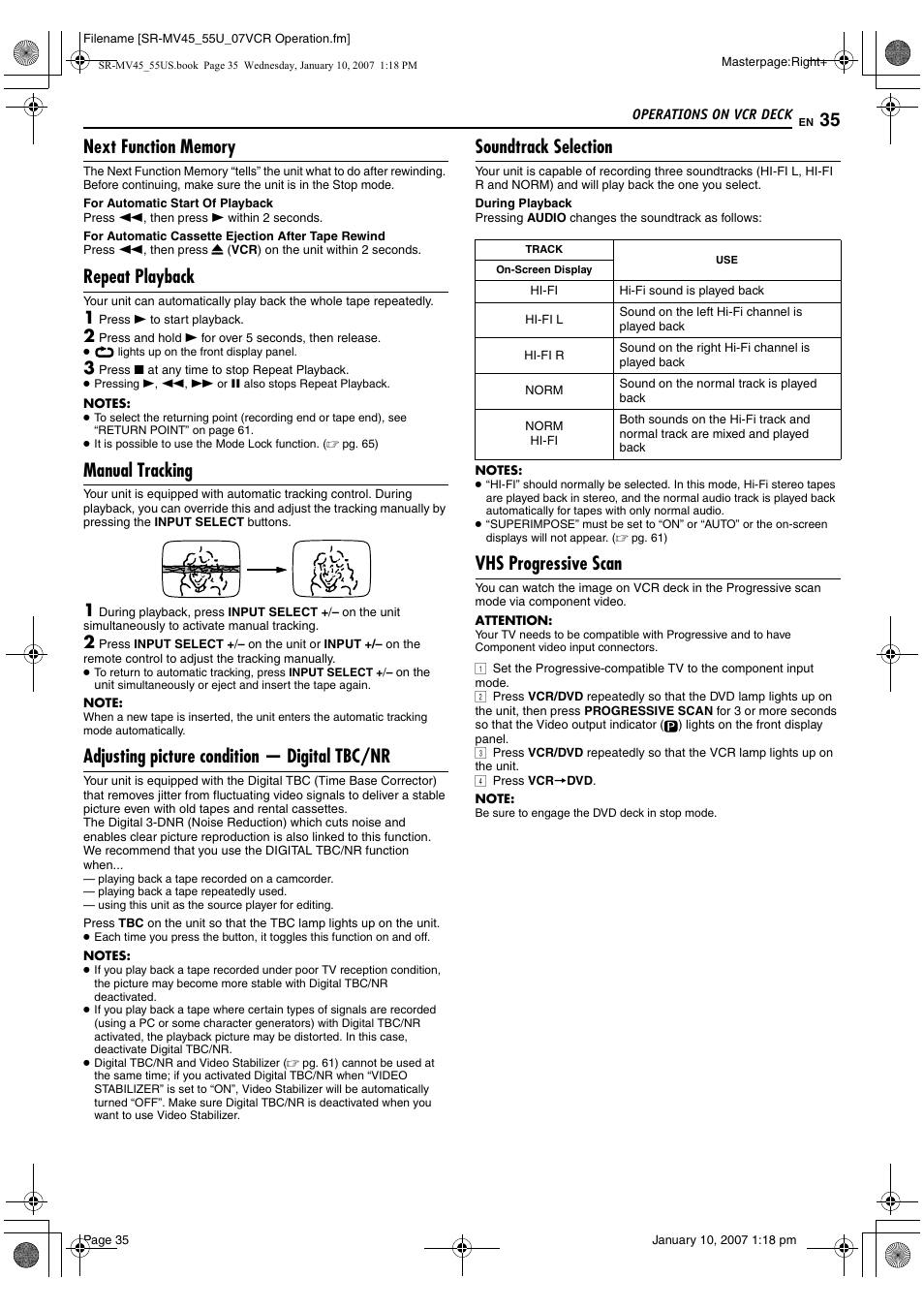 Next function memory, Repeat playback, Manual tracking | Adjusting picture condition - digital tbc/nr, Soundtrack selection, Vhs progressive scan, Pg. 35, Pg. 35, 36, Pg. 35), R to “vhs progressive scan | JVC SR MV45U User Manual | Page 35 / 88