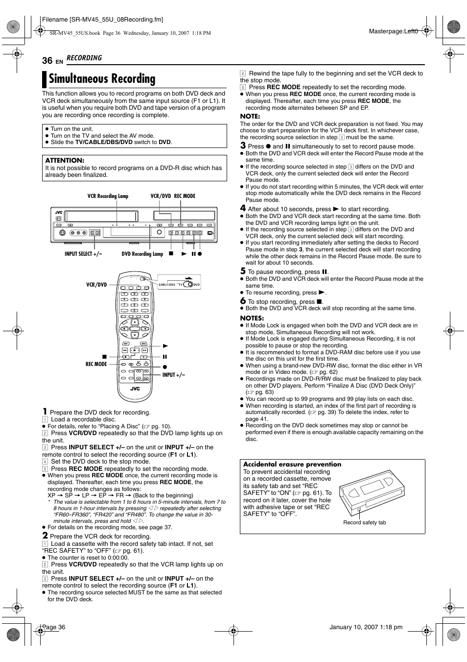 Recording, Simultaneous recording, Rec) | Pg. 36, Tton (rec mode), Pg. 36, 5 | JVC SR MV45U User Manual | Page 36 / 88