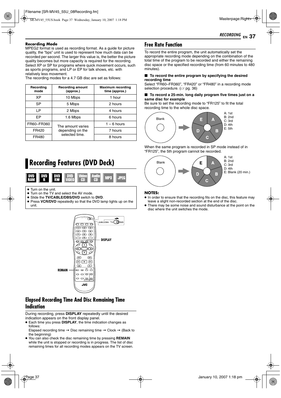Recording features (dvd deck), Free rate function, Pg. 37 | Pg. 37), Recording | JVC SR MV45U User Manual | Page 37 / 88